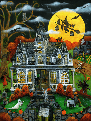 Halloween Tricks Treats Potions Witch House Folk Art Print
