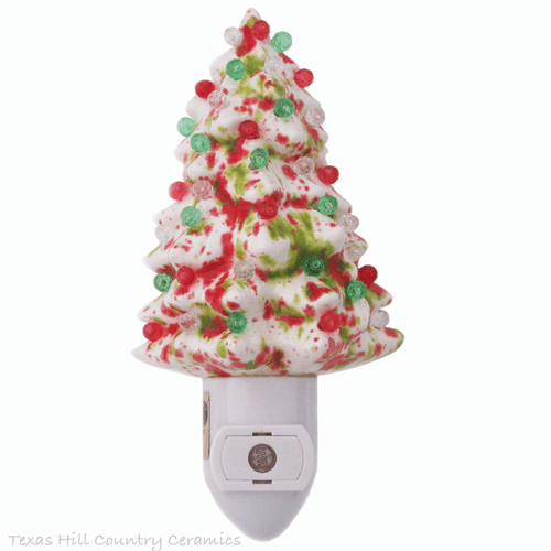 Ceramic Christmas Tree Night Light in Peppermint Colors of Red, White, Green with Automatic ...